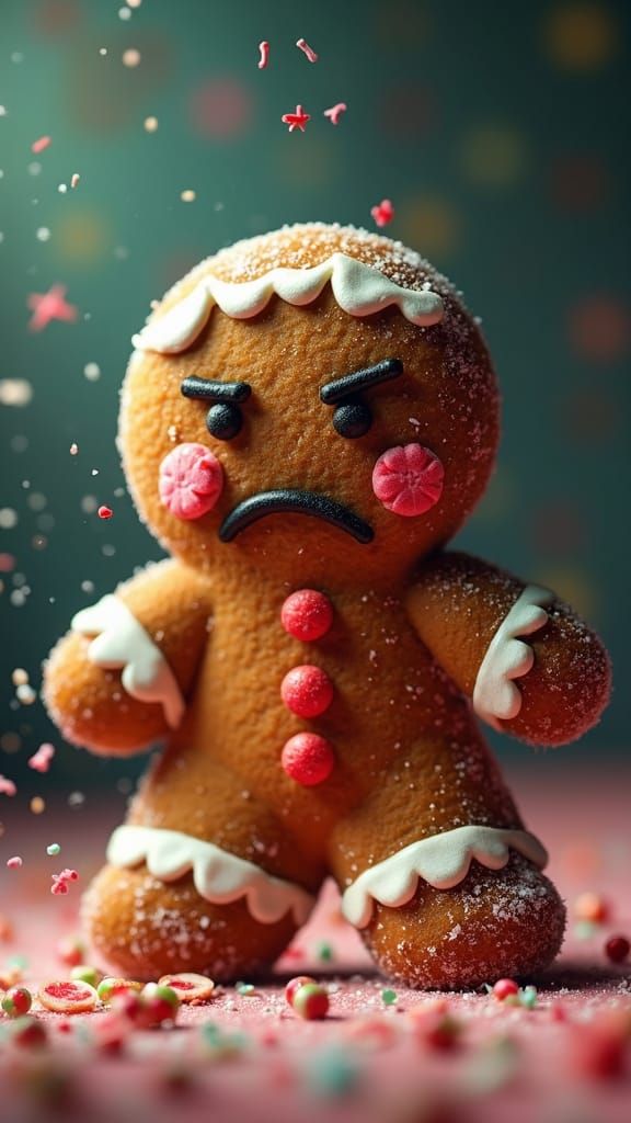 Grumpy Gingerbread Man in Hyperrealistic Style