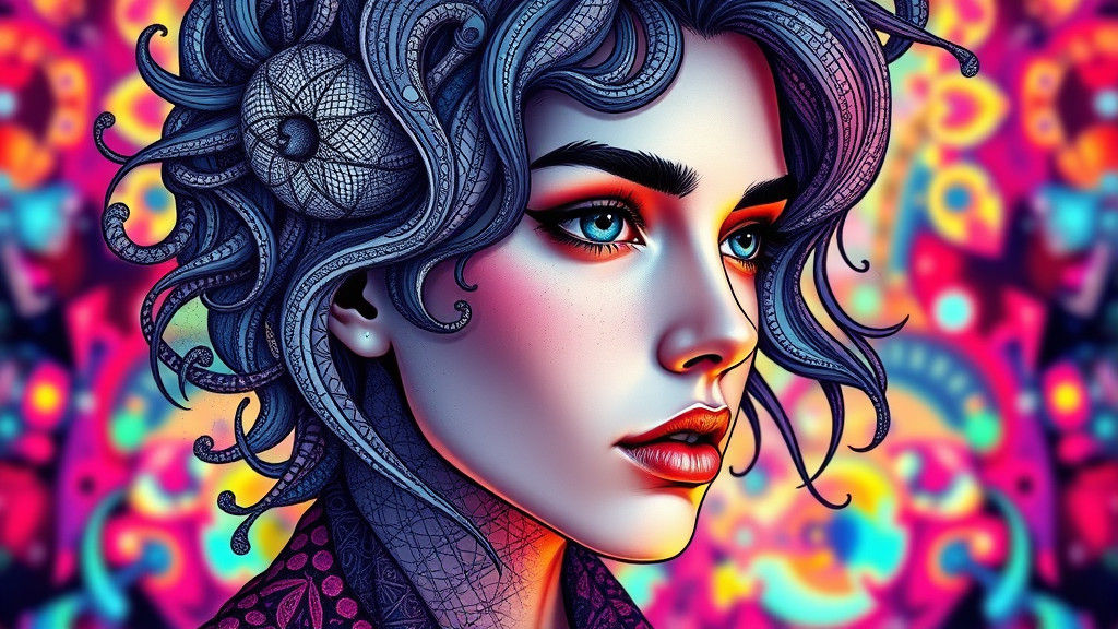 Abstract Fractal Portrait with Zentangle Patterns and Shadin...