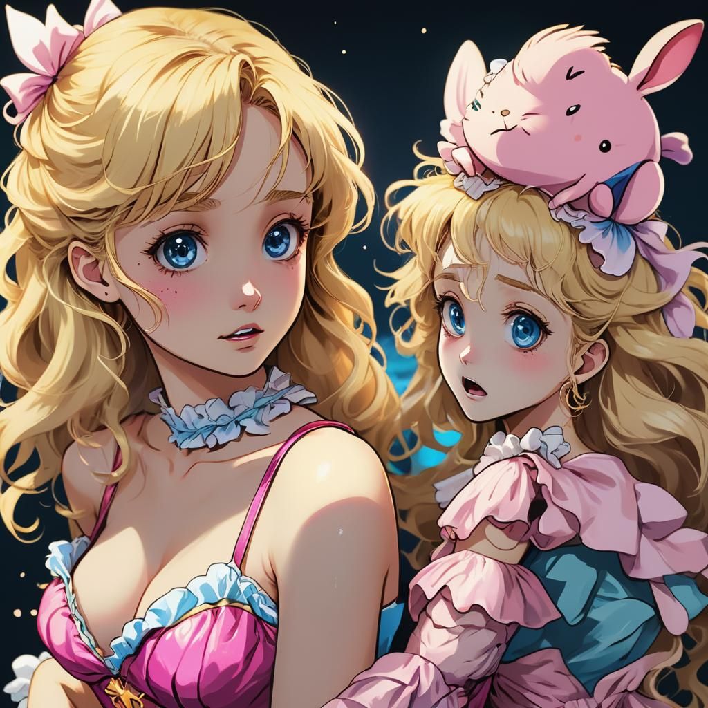 Frightened Girl with Animatronic Bunny in Anime Style