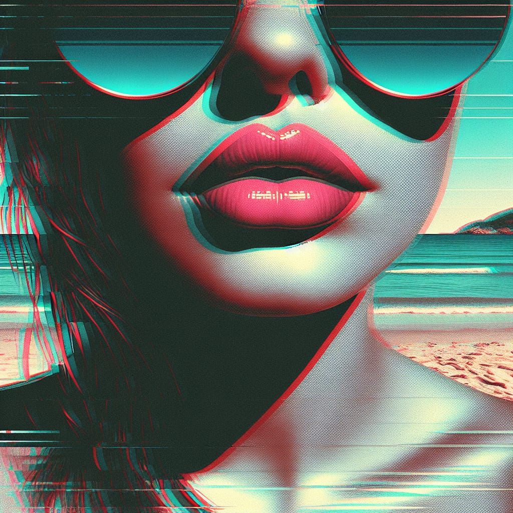 Surreal Glitch Art Portrait with Beach and Sunglasses