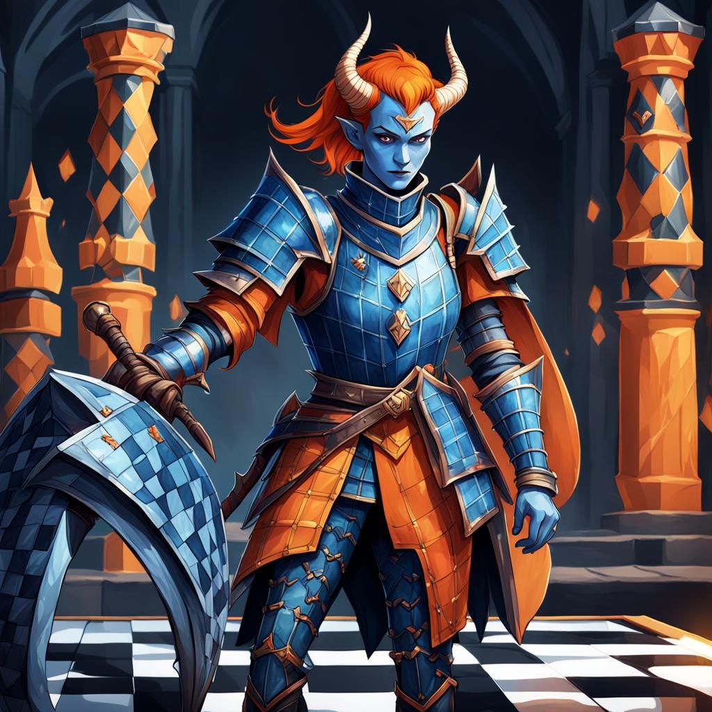 Tiefling Knight with Chessboard Armor: Fantasy Character Art
