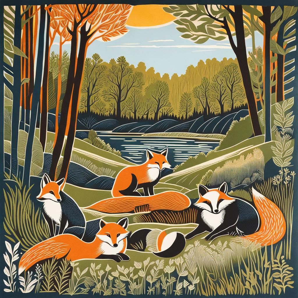 Intricate Forest Scene in Linocut Gouache Style