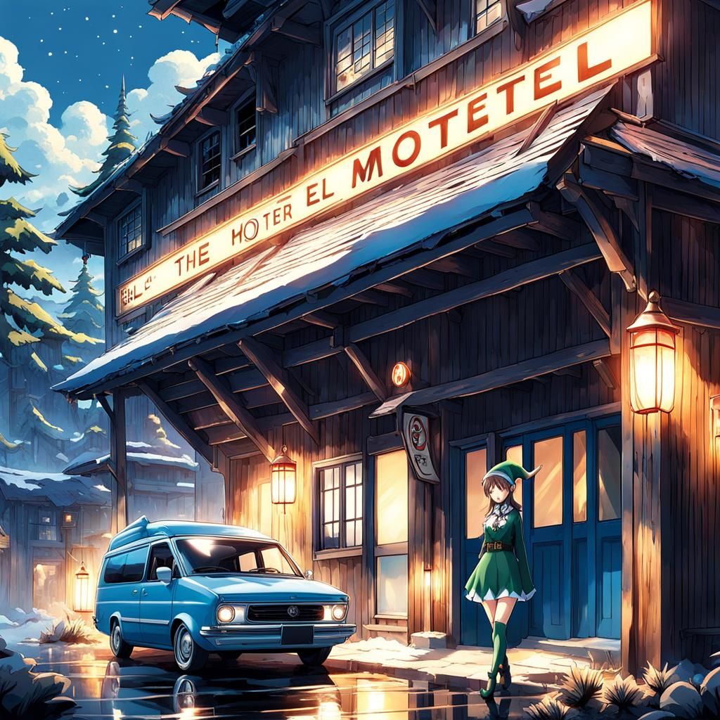 Elf in Minivan at Motel, Anime Art