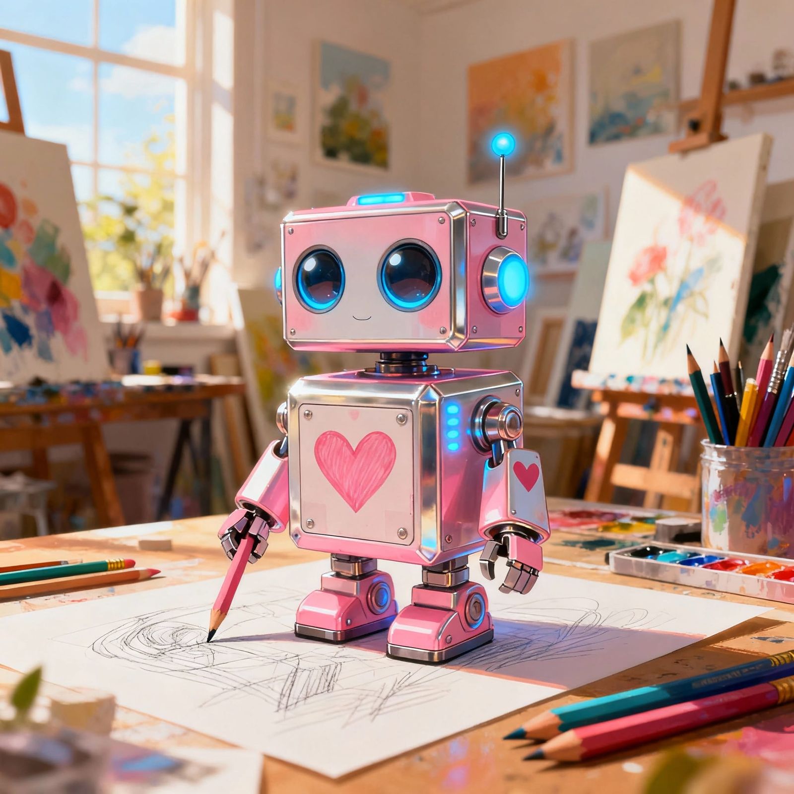 Cute Boxy Robot Drawing in Sunny Art Studio
