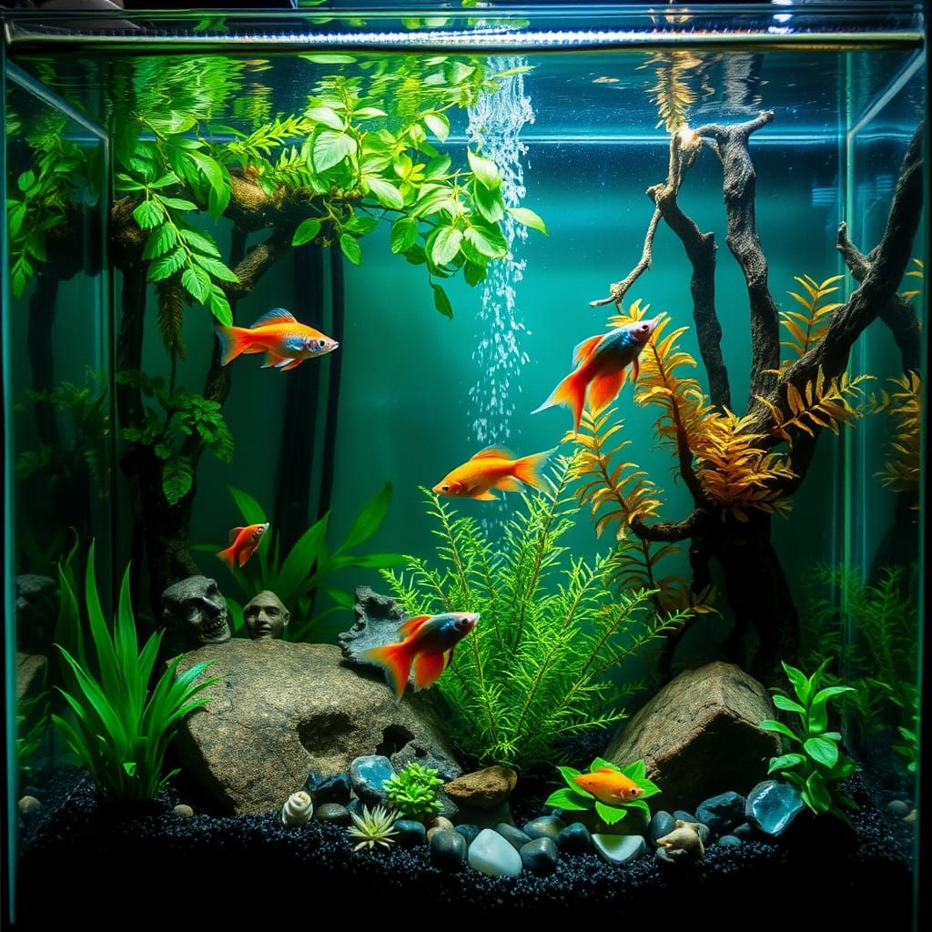 Vibrant Aquarium with Lush Jungle Decor and Colorful Fish