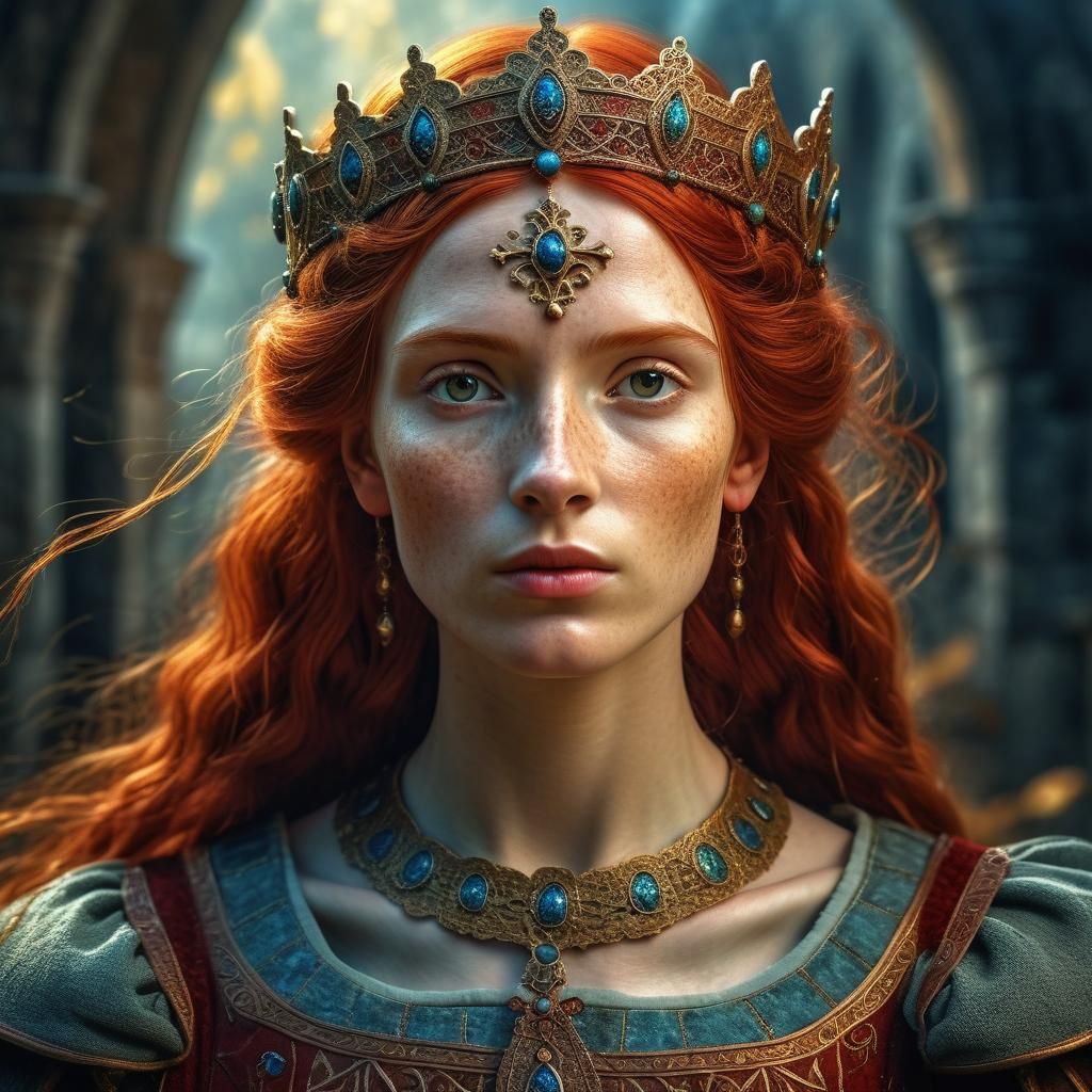 Mysterious Red-Haired Medieval Princess in Digital Art