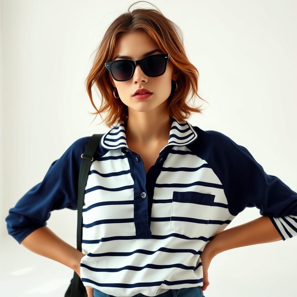 Fashion Model in Striped Shirt Poses in Bright Studio
