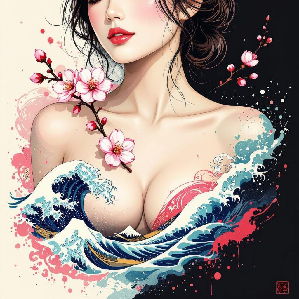 Complementary Cherry Blossom and Wave Tattoo Designs