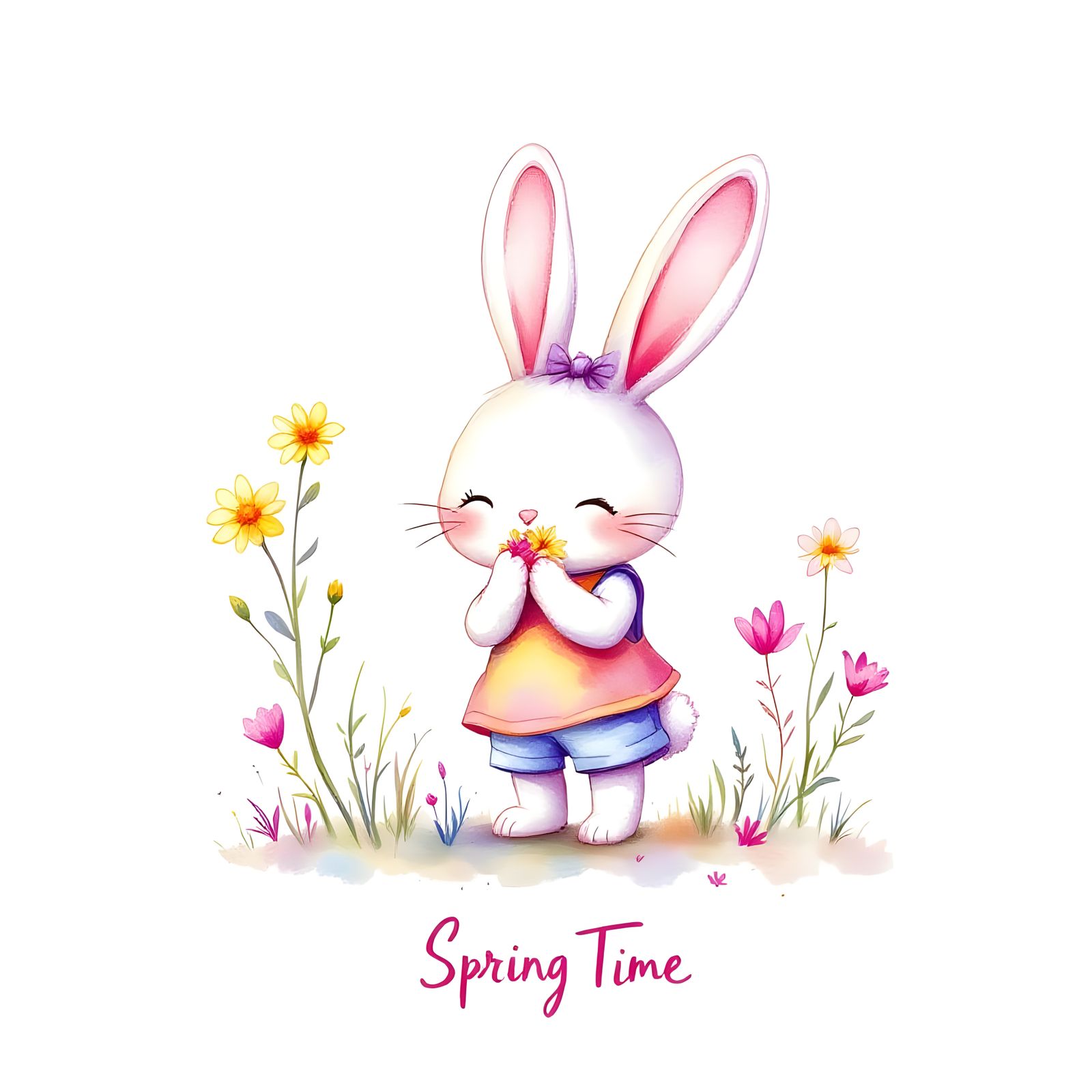 Chibi Bunny Enjoys Vibrant Spring in Watercolor