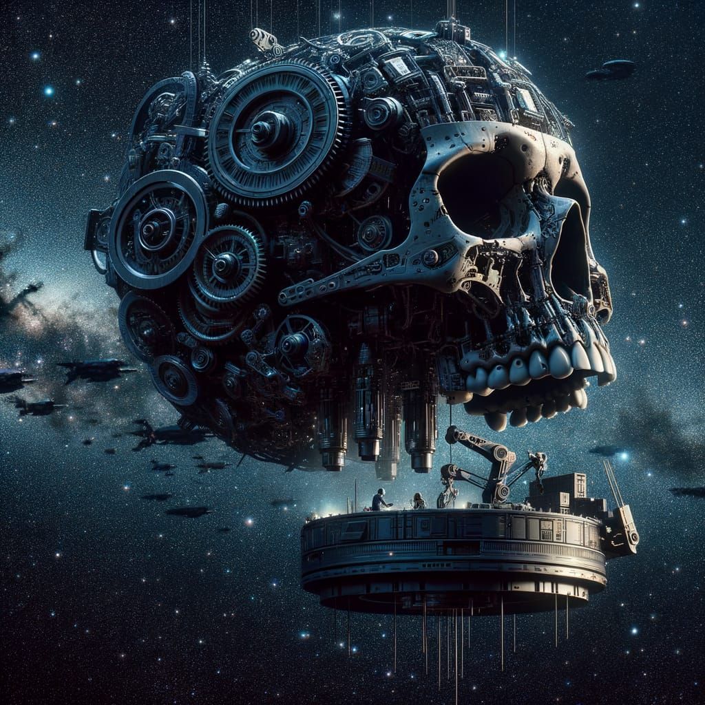 Mechanical Skull Repairs Futuristic Spaceship in Deep Space