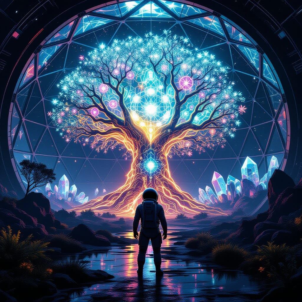 Astronaut in Bioluminescent Martian Dome with Crystal Tree