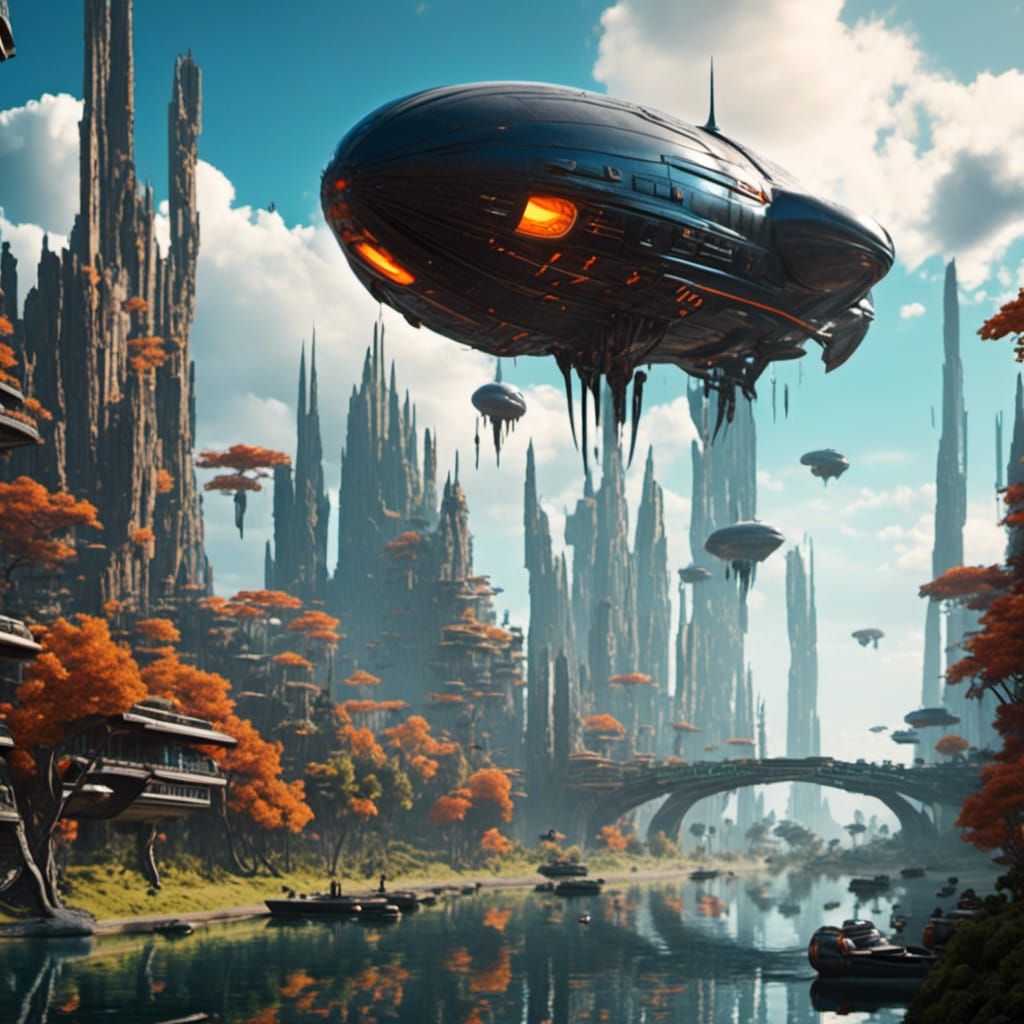 Levitating Alien Airships in Sci-Fi Landscape