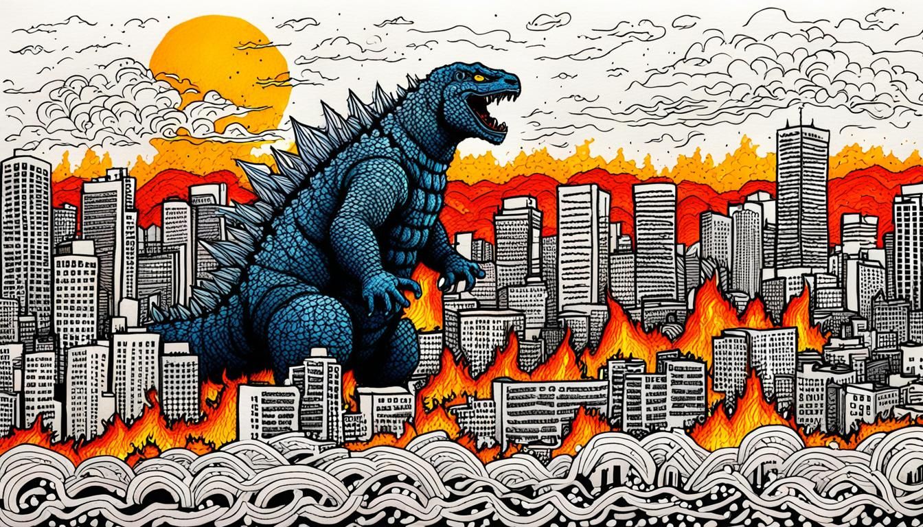Godzilla Destroys Tokyo: Zentangle Feltpen Sketch