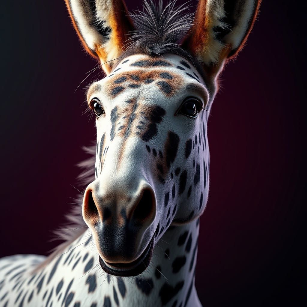 Donkey with Dalmatian-Inspired Fur in Vibrant Triadic Colors
