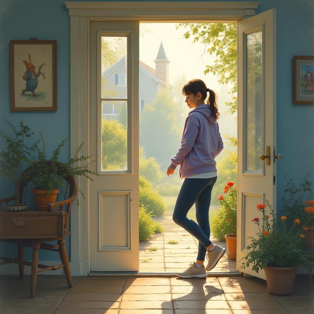 Woman Exits Cozy Home into Misty Morning Landscape