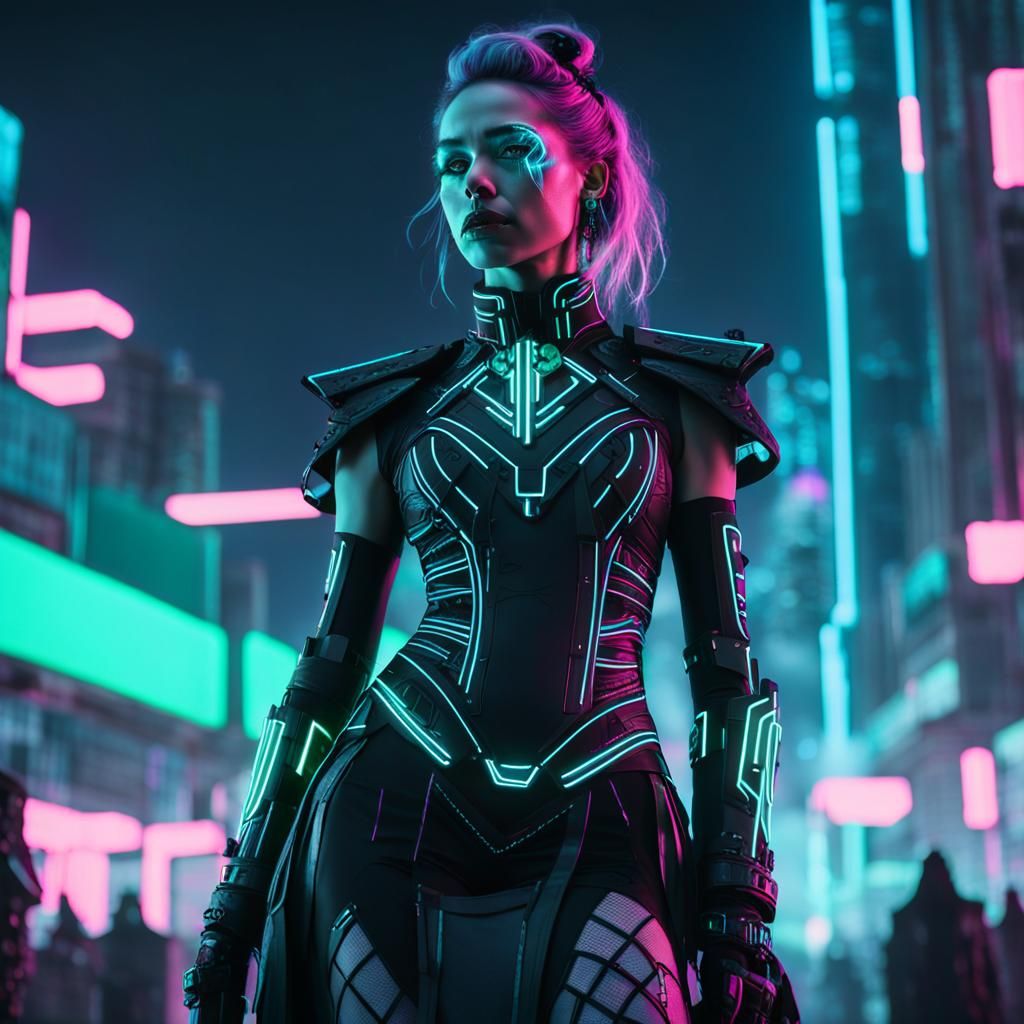 Neon Witch Hunter in Cyberpunk Dystopian City