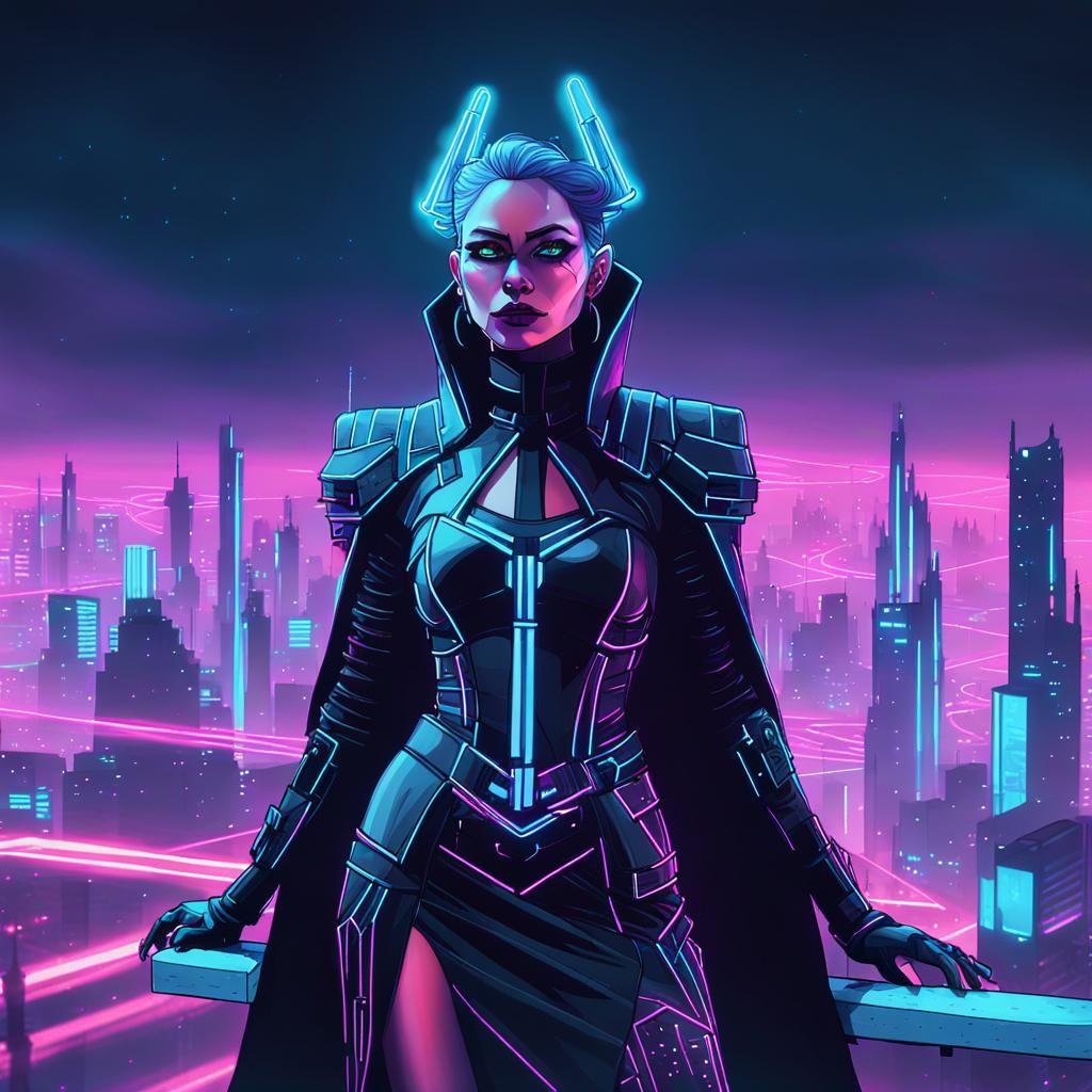Cyberpunk Witch Hunter in Neon Cityscape