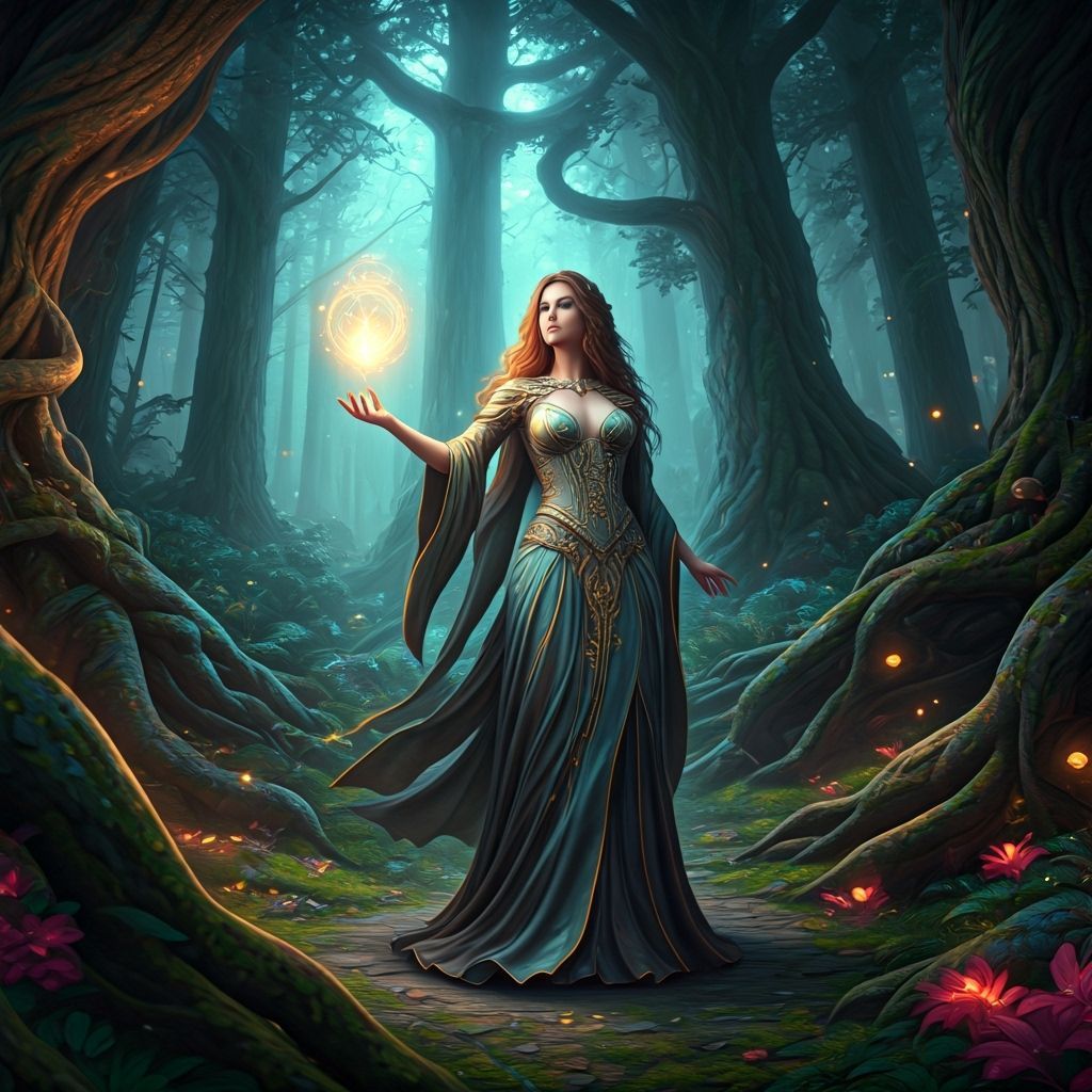 Sorceress Casting Spell in Mystical Forest