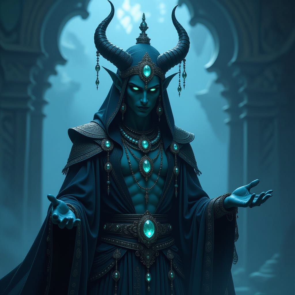 Eerie Djinn Adorned With Glowing Jewels in Dark Fantasy Styl...