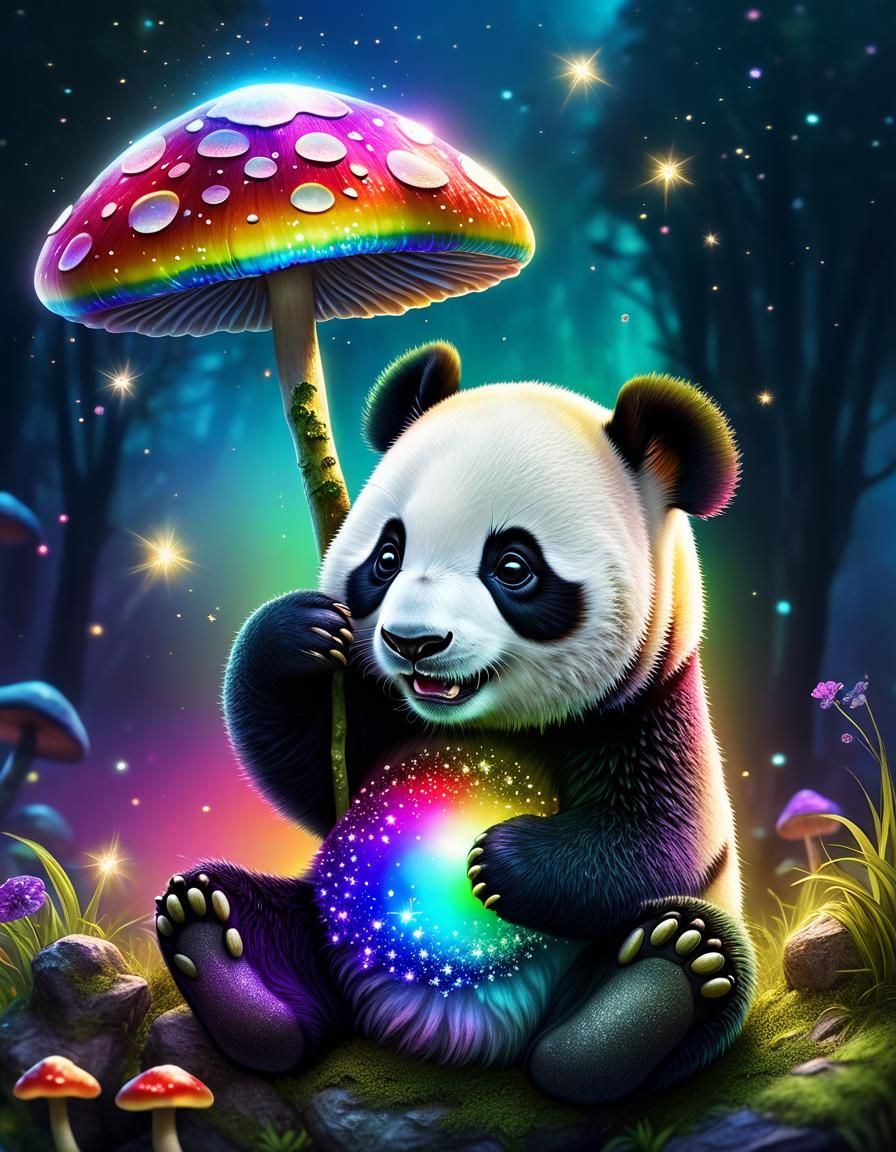 Adorable Panda with Glowing Mushrooms in Starry Moonlight