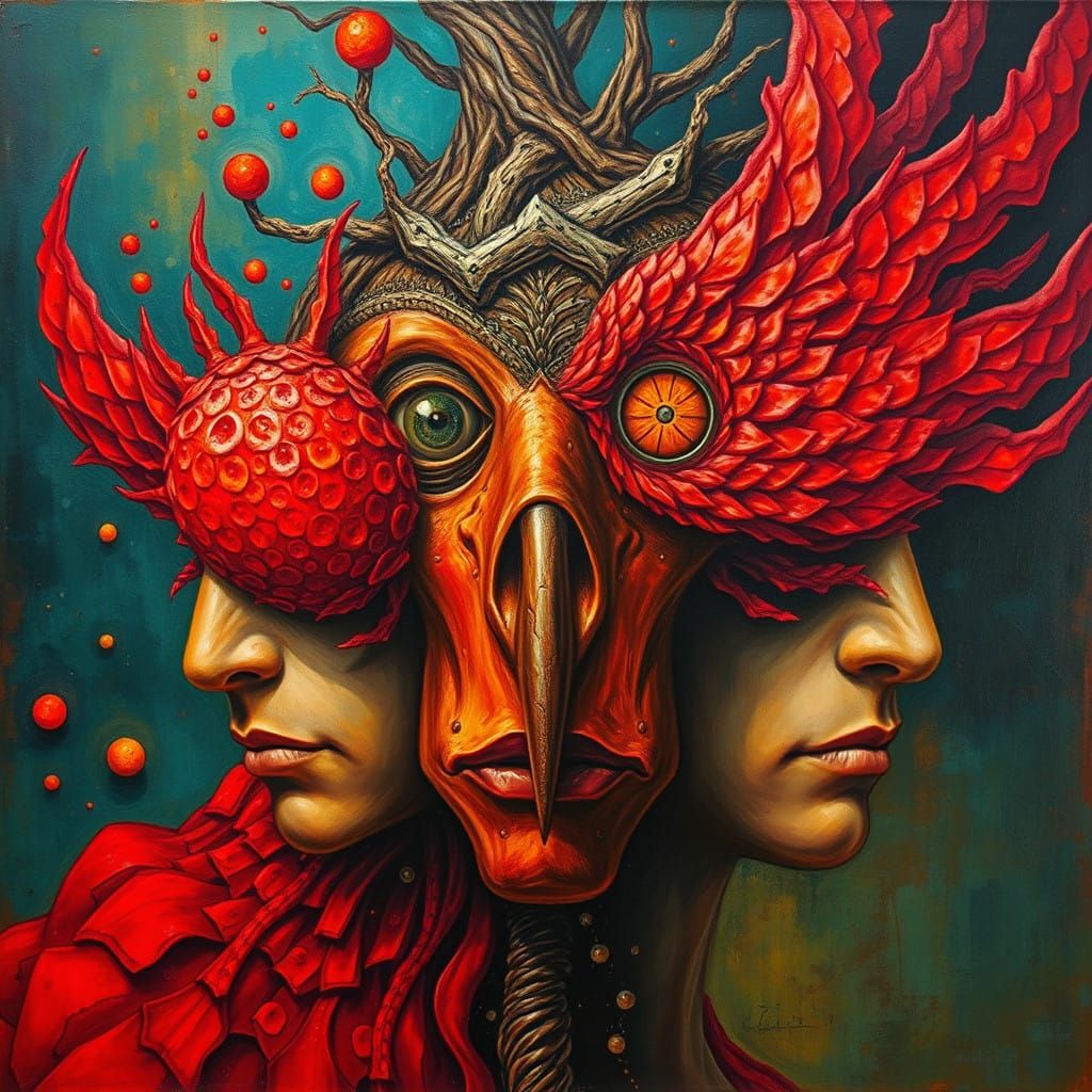 Vibrant Surrealist Masterpiece: Red-Hued Oil Painting with T...