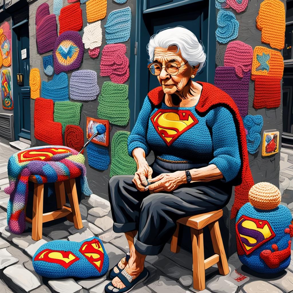Elderly Woman Crocheting Superman Amigurumi: Vibrant Street ...