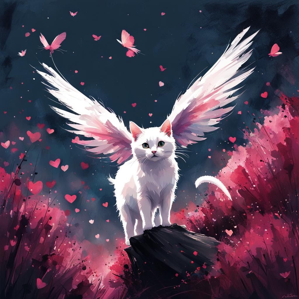 Winged White Cat Ready for Valentine's Day