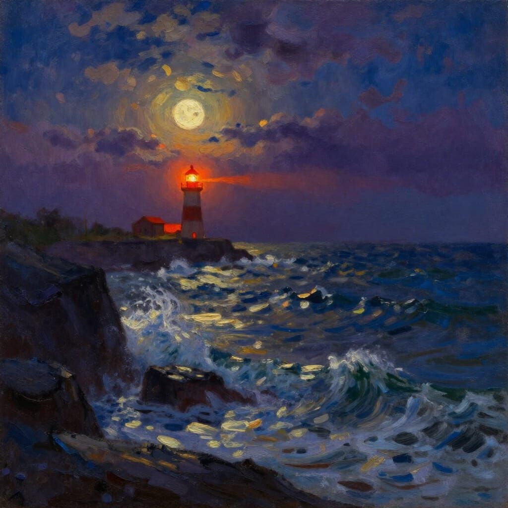 Lighthouse Shines on Stormy Seas at Golden Hour