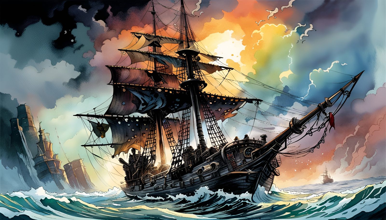 Tattered Pirate Ship in Watercolor Comic Art