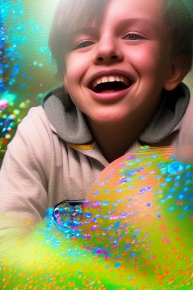 Boy surrounded by iridescent bubbles