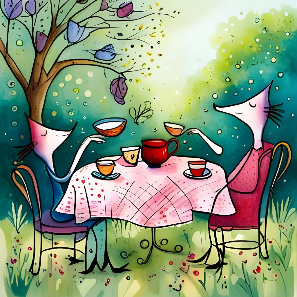 Enchanting Tea Party in Whimsical Garden Illustration