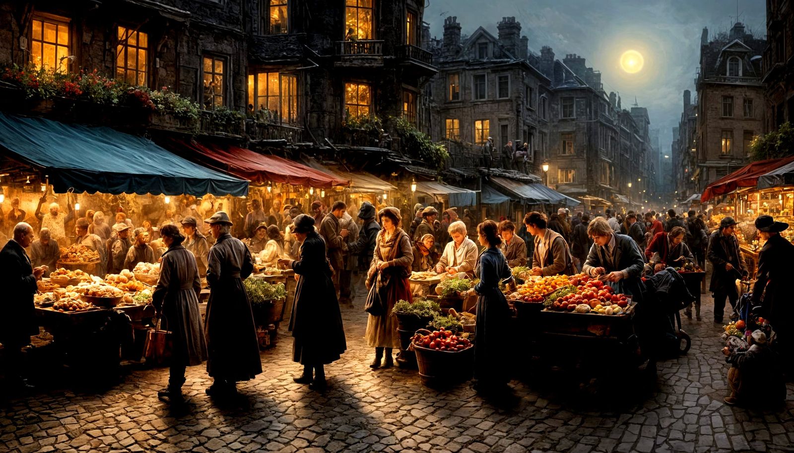 Antique Oil Painting: New York City Market at Night