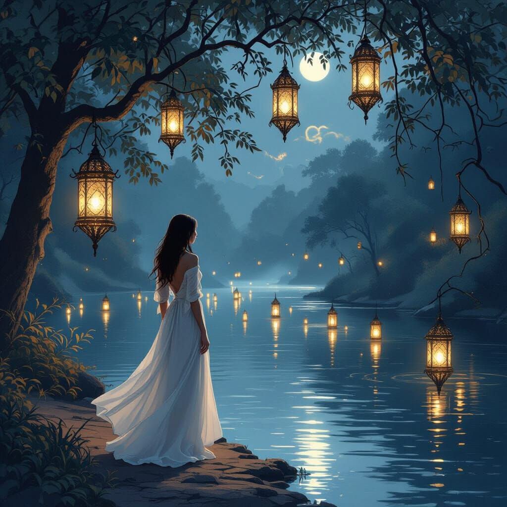 Ethereal Woman with Floating Lanterns at Night