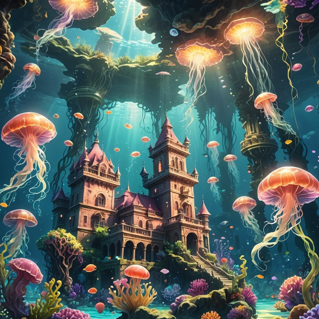 Mermaids in Vibrant Underwater Palace Amidst Coral Reef
