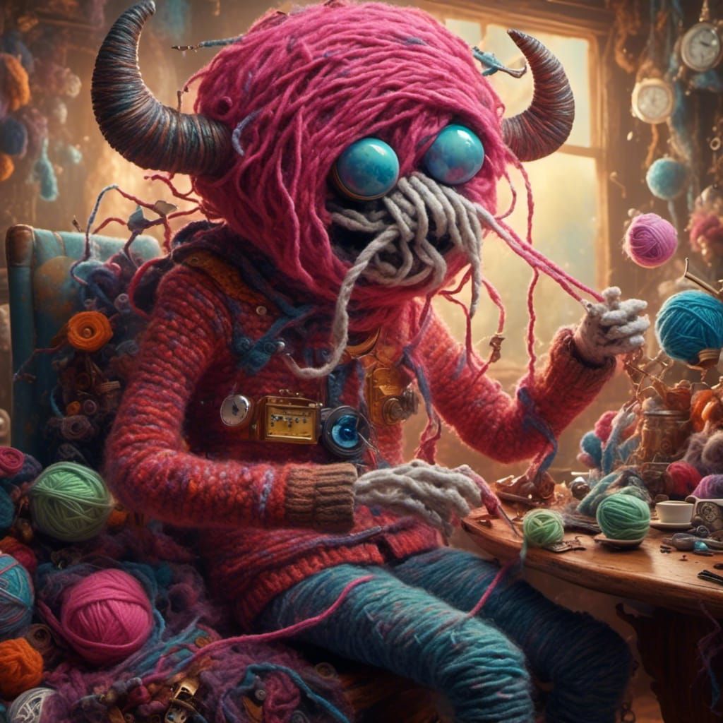 Yarn monster knitting a sweater, <lora:Steampunk Aesthetics:...