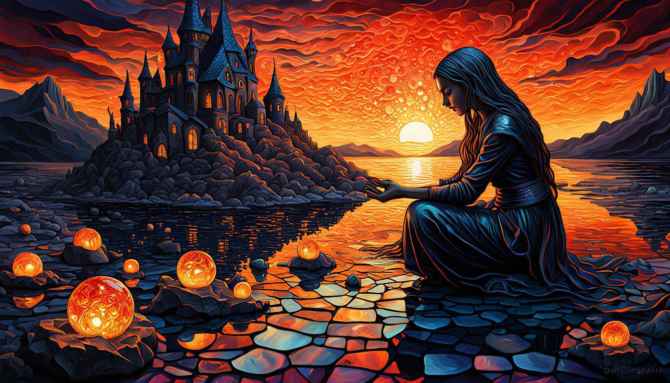 Surreal Witch Assembling Stone Fragments at Sunset