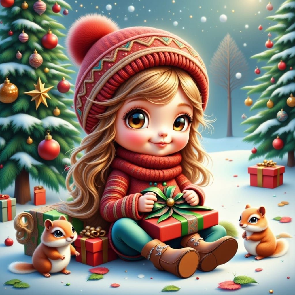Whimsical Girl in Cowgirl Boots with Christmas Gift