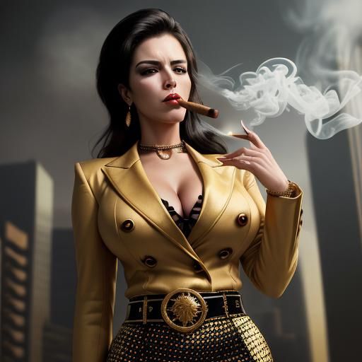 Businesswoman Smoking Cigar in Gold Skirt Suit