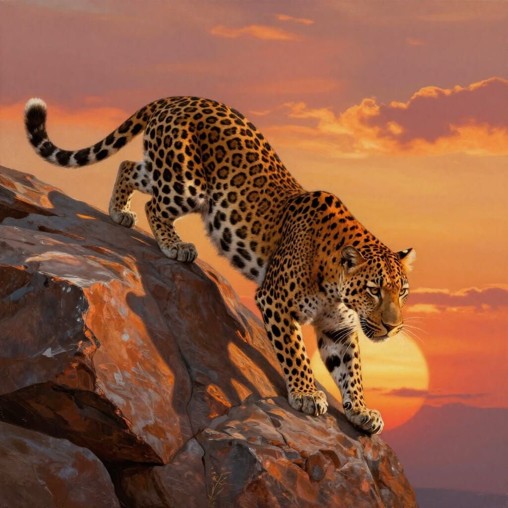 Leopard Rock Climbing at Sunset in Hyperrealistic Style