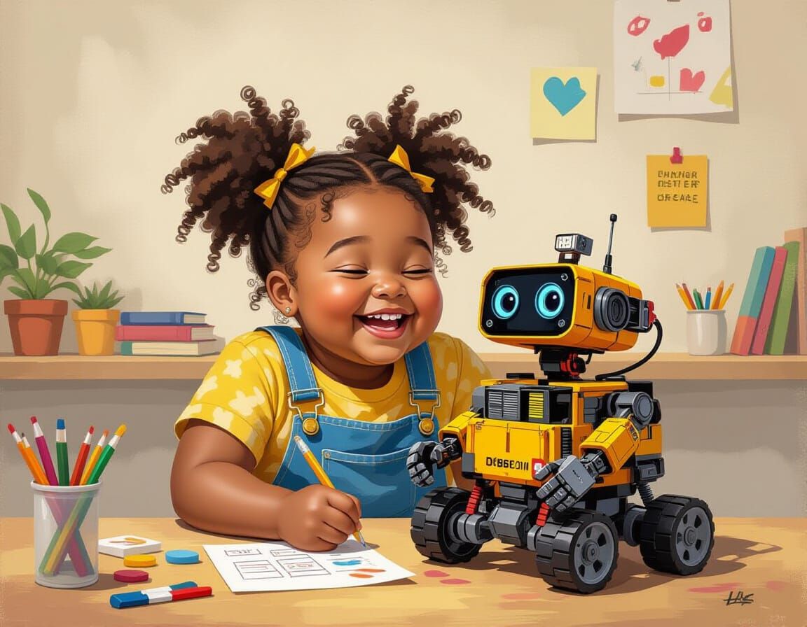 Joyful Black Girl with Dash Robot, Oil Gouache Painting