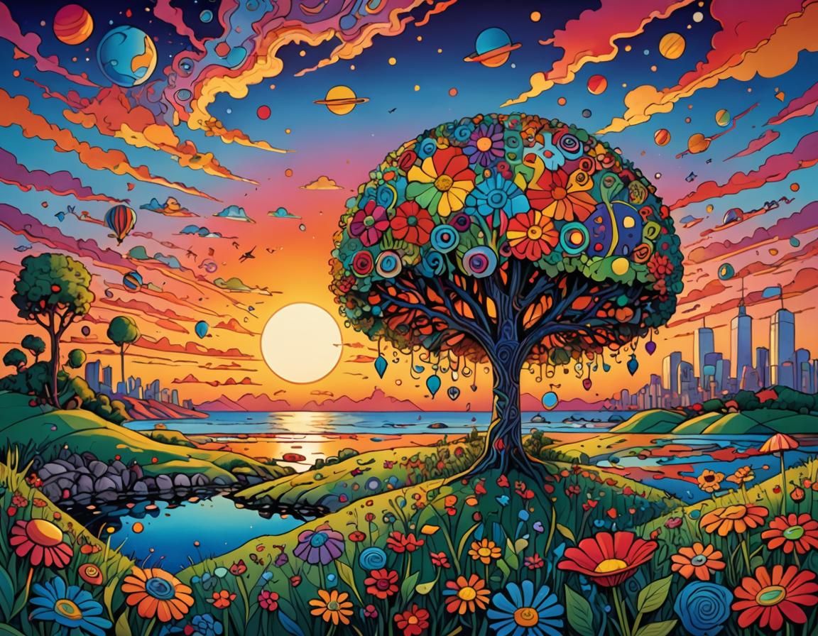 Darkly Whimsical Sunset in Peter Max Style