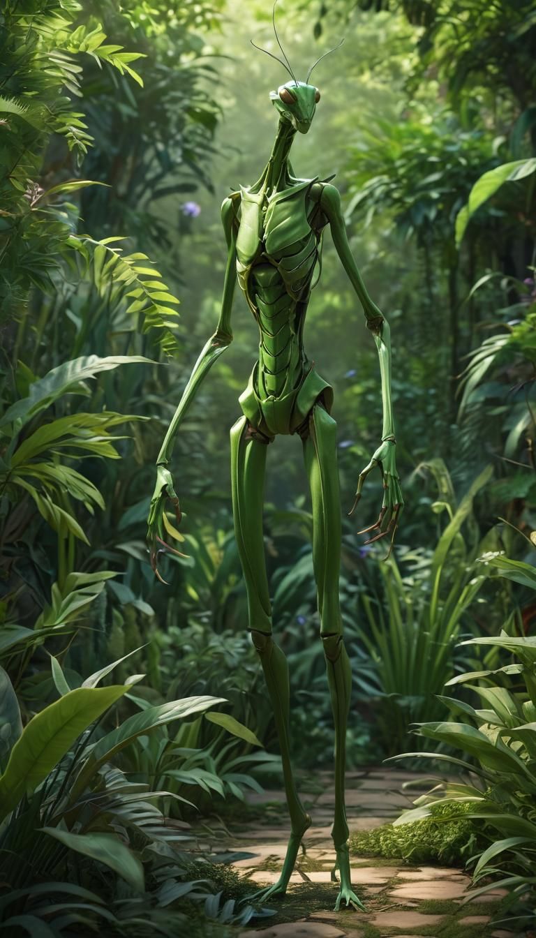 Mantis-like Humanoid in Exotic Garden, Photorealistic Style