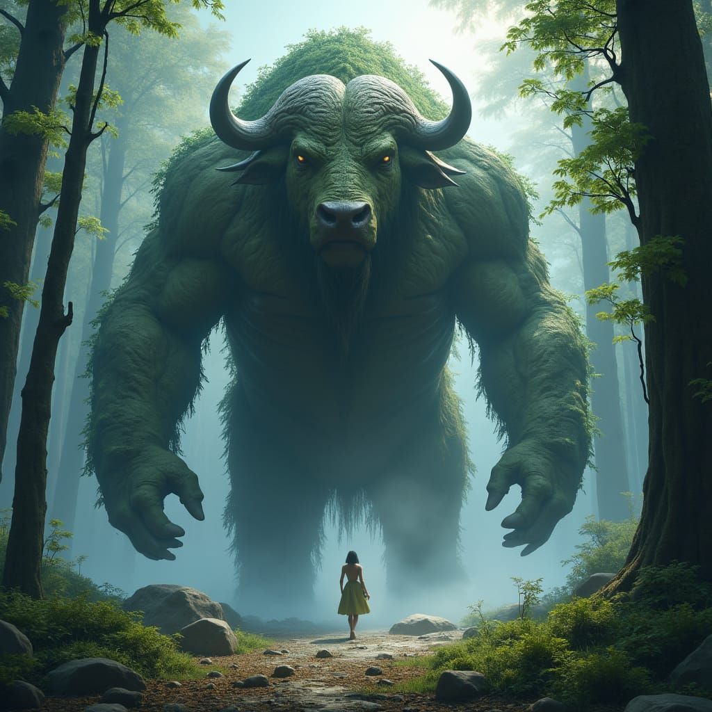 Mystical Buffalo Giant in Hidden Forest Clearing