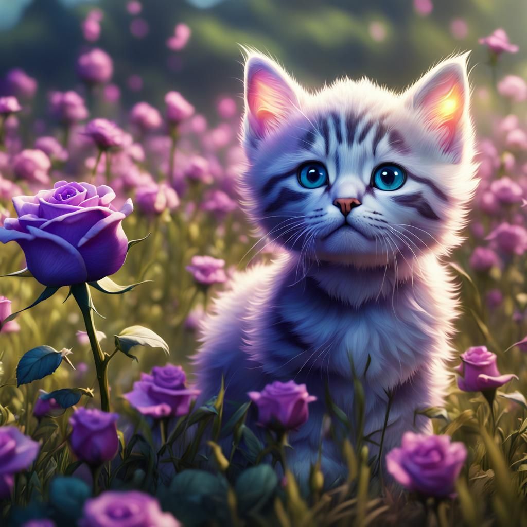 Kitten and Purple Rose in Sunny Meadow