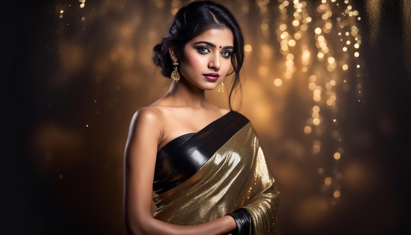 Mysterious Portrait in Black and Gold Saree