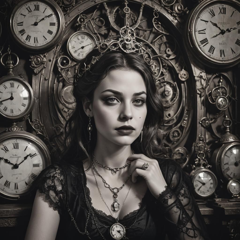 Mysterious Woman on Clock Throne: Surreal Portrait