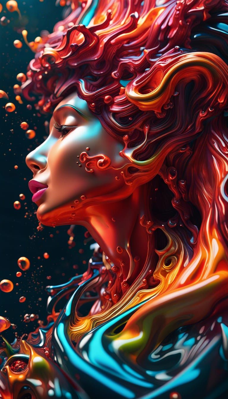 Abstract Molten Statue with Liquid Hair, Detailed Eyes
