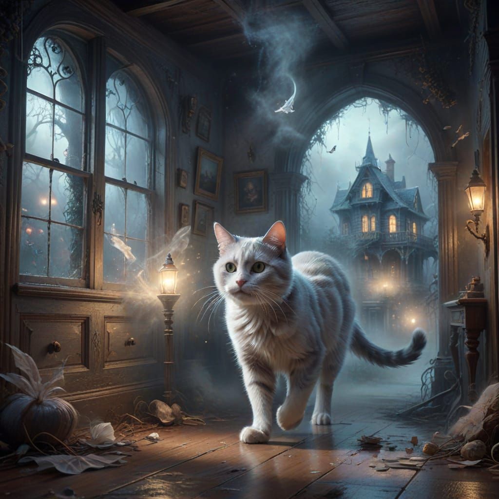 Ghostly Cat and Mouse in Haunted House Digital Art