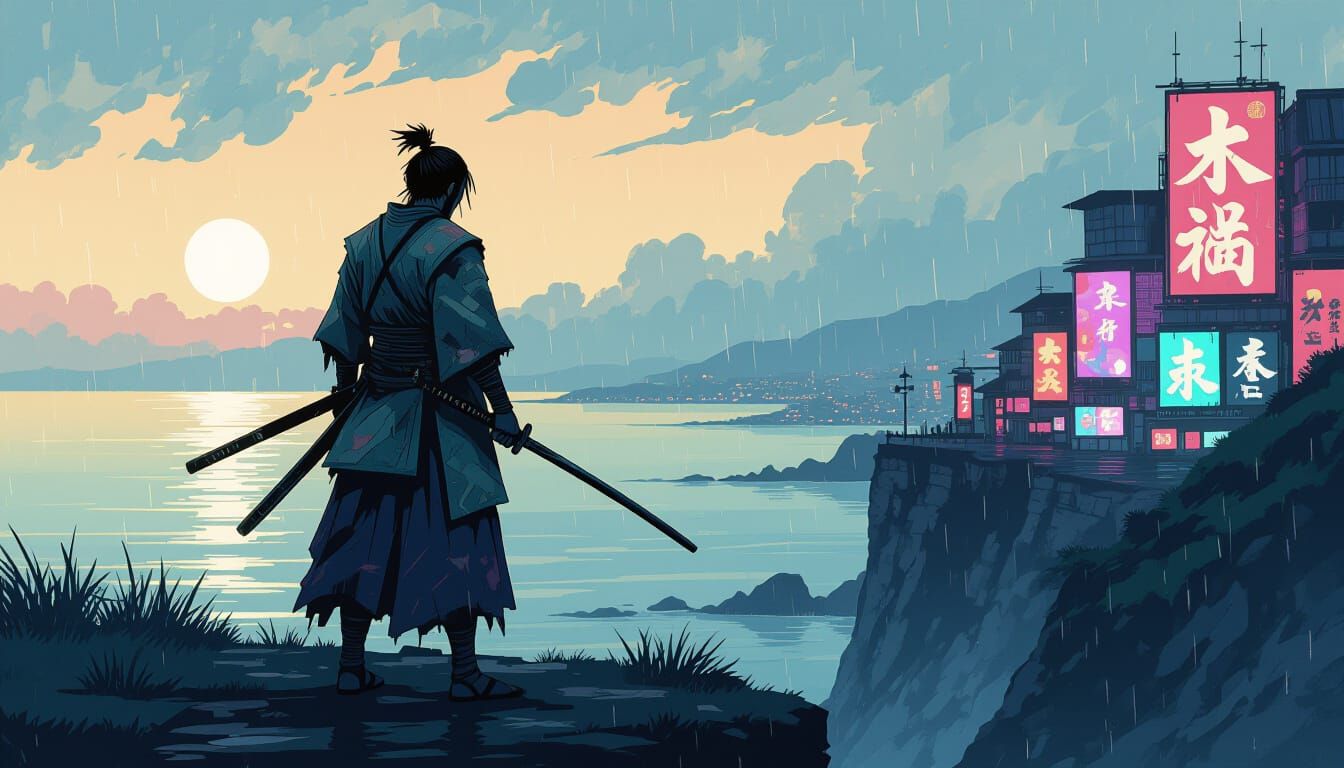 Samurai Warrior on Cliff Overlooking Sea