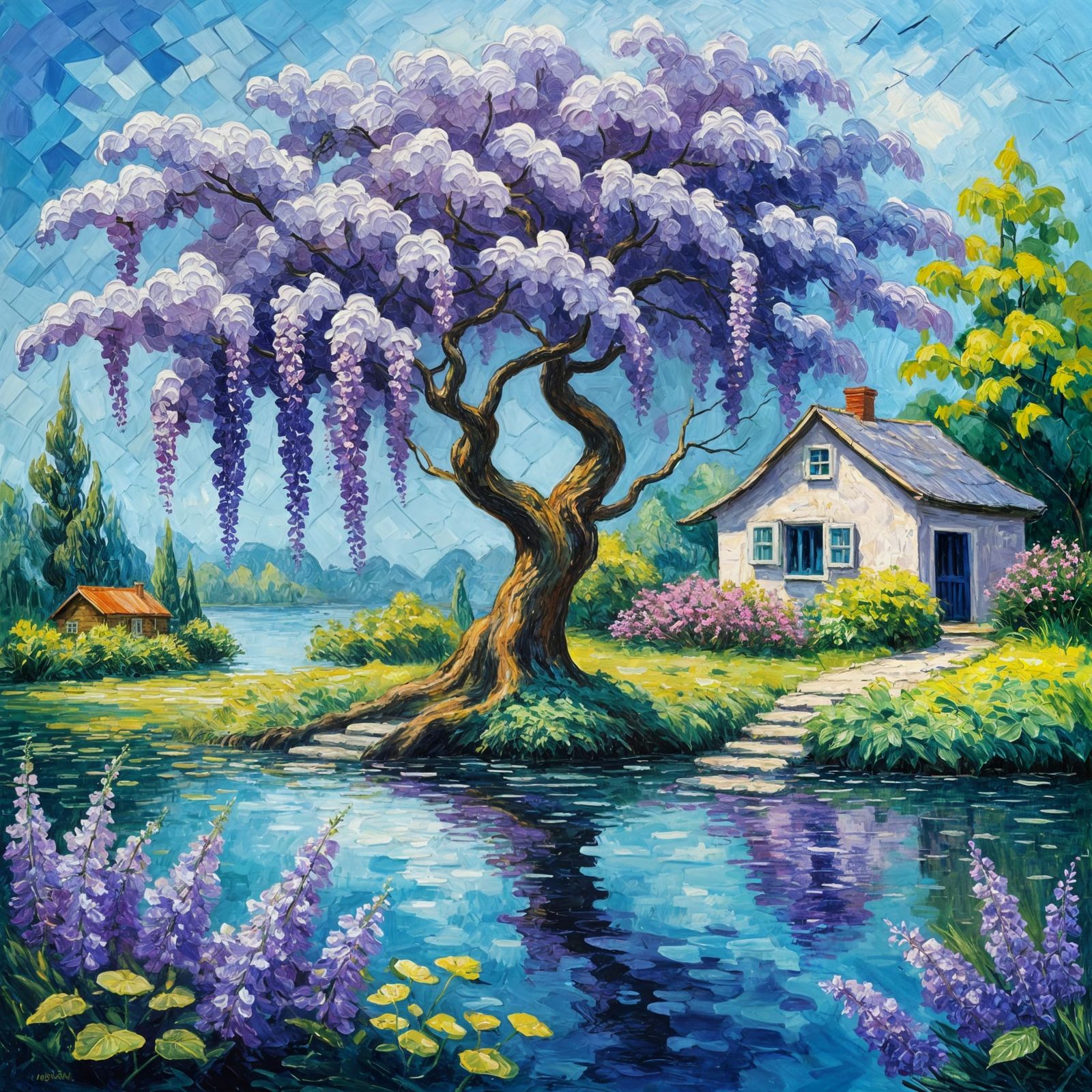 Magical Garden: Impasto Oil Painting with Purple Wisteria
